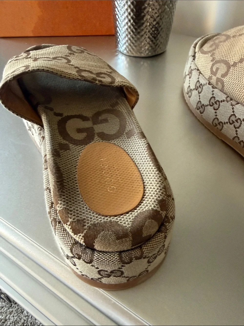 Gucci Brown and Beige GG Canvas Platform Slides